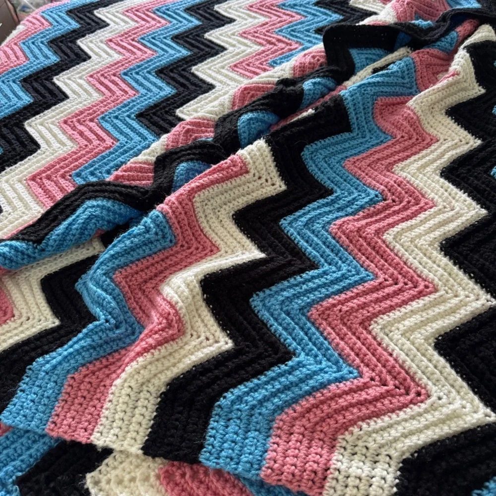 Handmade Crochet Afghan Blanket Chevron Ripple Pink Blue Black 80x132 Throw XL